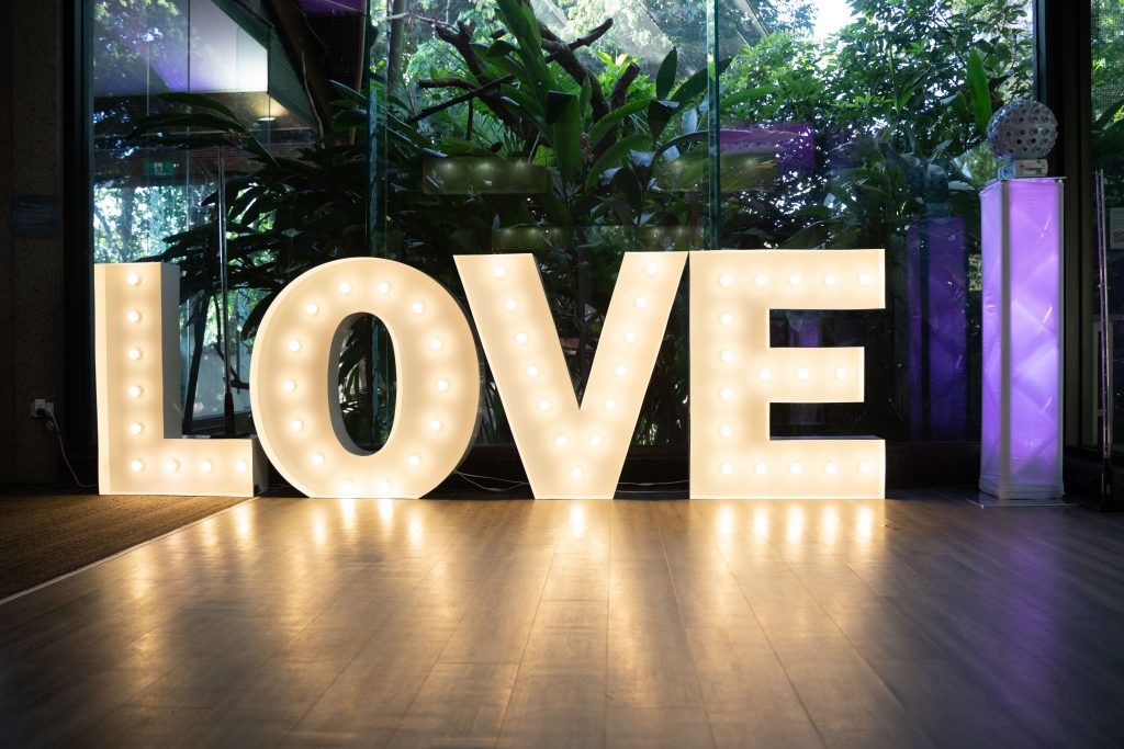 Large LOVE letters at wedding Reception at Melbourne Zoo
